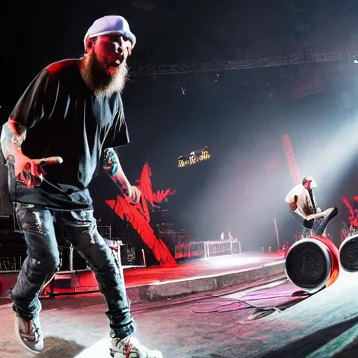 Prompt: Limp Bizkit concert, Fred Durst skateboards on stage, Realistic, HDR, Clear Image, HDD, RTX ON, Dynamic Lighting,