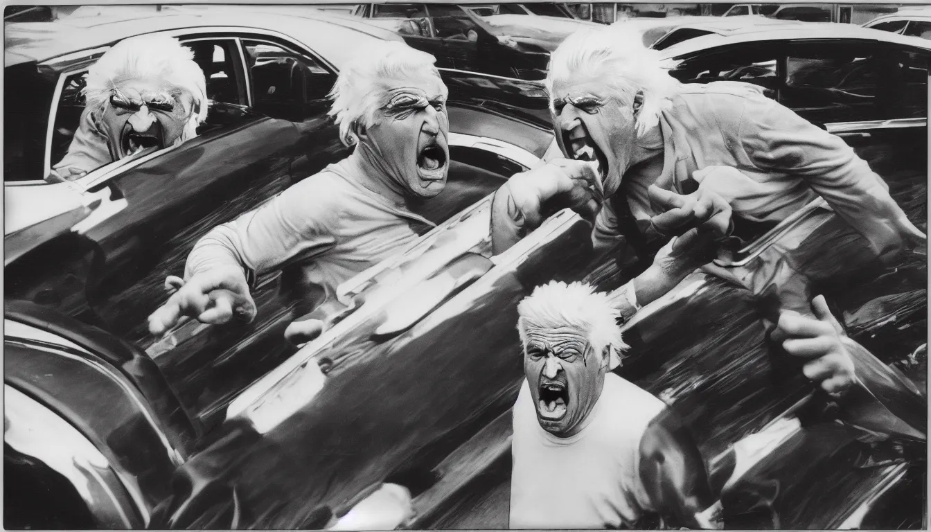 Image similar to old, scratched polaroid picture of old white haired man yelling and throwing hands at chrysler 3 0 0 c very detailed, 8 k