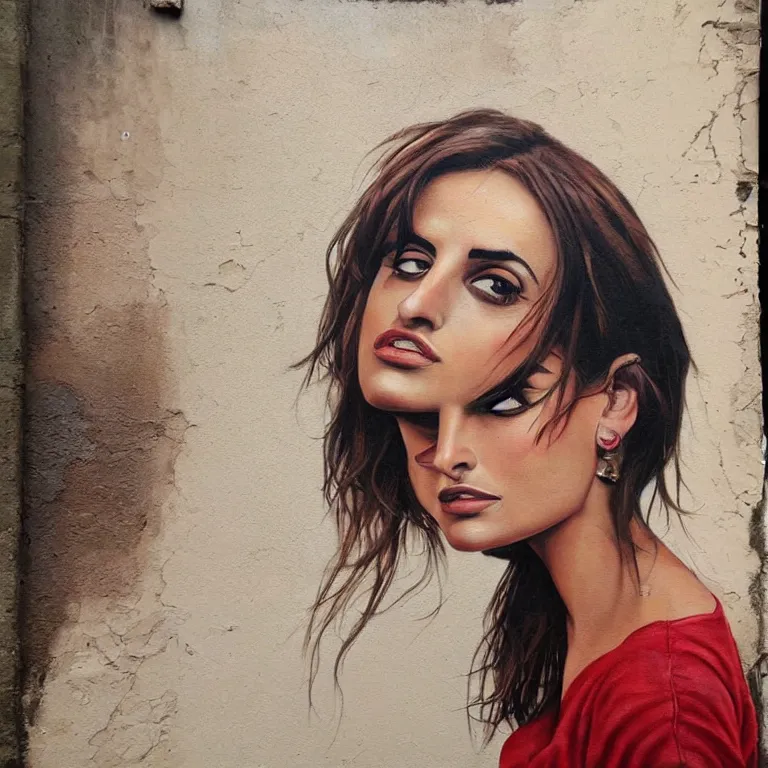 Prompt: Street-art portrait of Penélope Cruz Sánchez in style of Etam Cru, photorealism