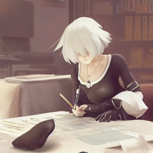 Prompt: 2b from nier automata filing her taxes at a desk, official art, digital artwork, key visual, studio lightning, very detailed bd cover, Studio Ghibli, hyperrealistic, artstation, extreme detail, caustics, trending on Artstation, 8K, octane renderer