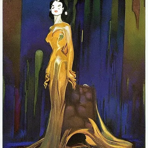 Prompt: an oil painting of a queen in a thierry mugler dress sitting on a throne, by bruce pennington, by ( ( ( eyvind earle ) ) ), nicholas roerich!!, by frank frazetta, by georgia o keeffe, by dean cornwell!!!, eerie, ominous, baghdad, oriental