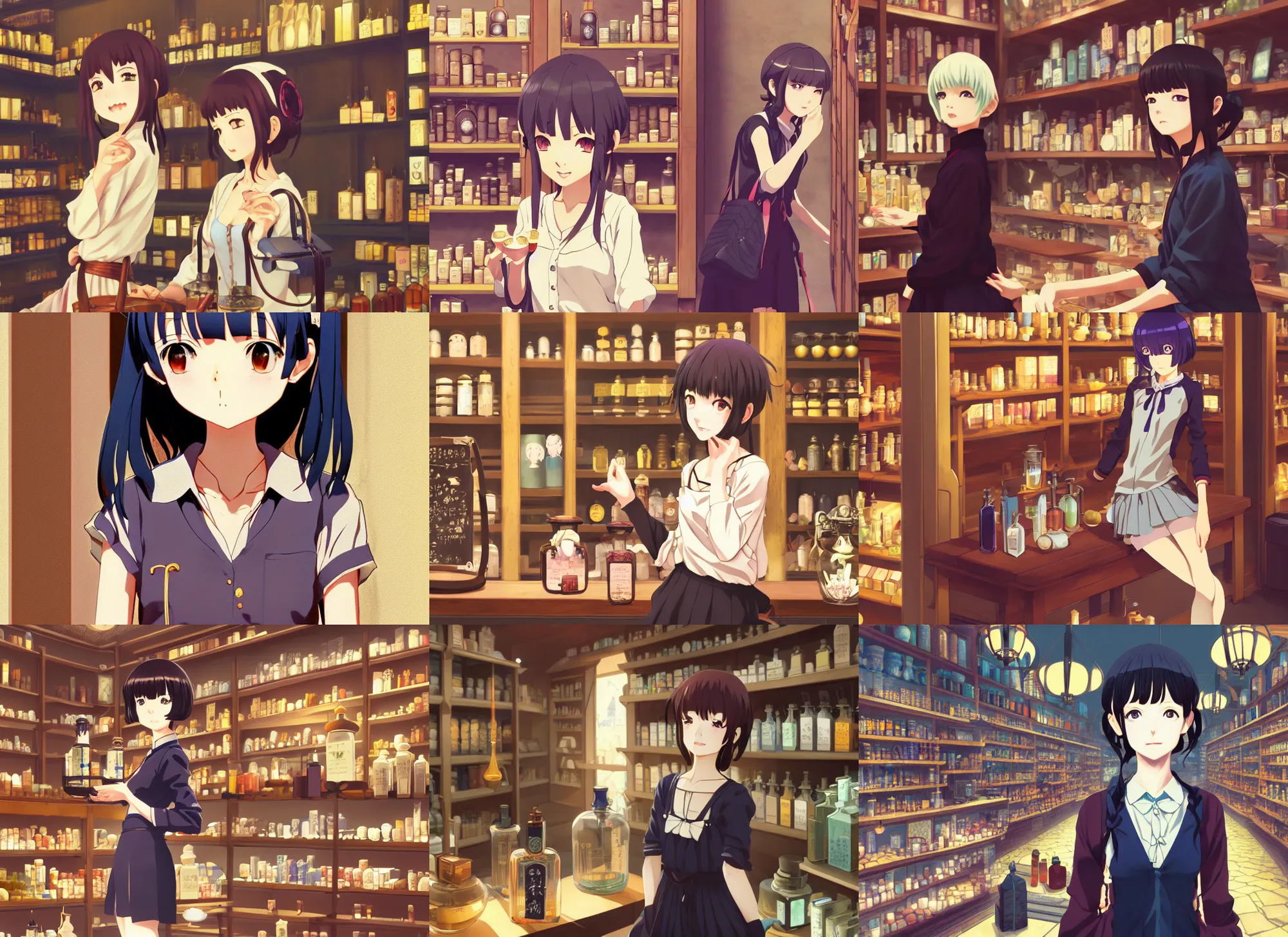 Prompt: anime visual, portrait of a young female traveler in a alchemist's potion shop interior shopping, cute face by ilya kuvshinov, yoshinari yoh, makoto shinkai, katsura masakazu, moody, dynamic perspective pose, detailed facial featureskyoani eyes,, cel shaded