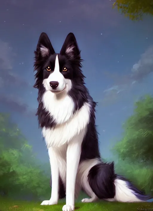 Image similar to wide angle beautiful full body portrait of a cute male anthropomorphic border collie fursona wearing a t - shirt and posing in front of a park, character design by charlie bowater, henry asencio, and ross tran, furry art, furaffinity, scenic background, beautiful, glamor pose, detailed, trending on artstation