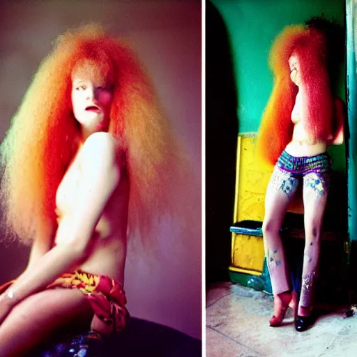 Image similar to realistic photoshoot for a new Jimi Hendrix lookbook, psychedelic clothes, color film photography, portrait of a beautiful blonde woman, in style of nan goldin, 35mm