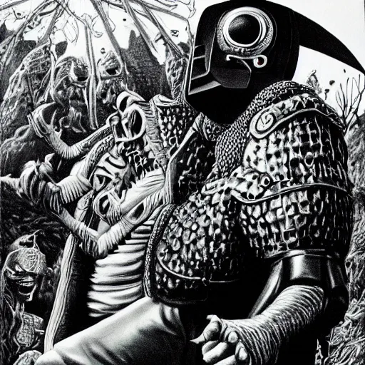 Image similar to beautiful lifelike painting of mf doom as king ghidora being taken to your leader, hyperreal detailed facial features and uv lighting, art by ed roth and basil wolverton