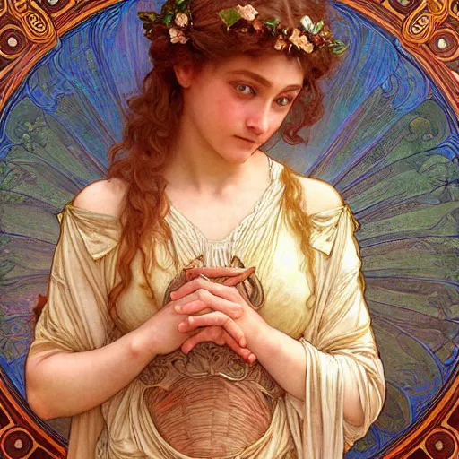 Image similar to detailed portrait art nouveau painting of Anna Cathcart as the goddess of the sun, with anxious, piercing eyes, by Alphonse Mucha, Michael Whelan, William Adolphe Bouguereau, John Williams Waterhouse, and Donato Giancola