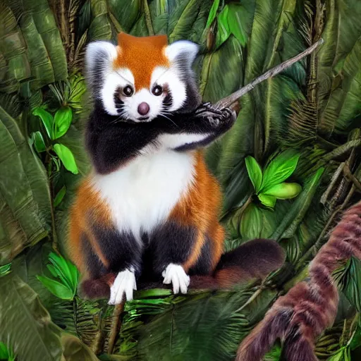 Image similar to cute fluffy cross between red panda and sugar glider in a lush jungle, studio lighting, award winning