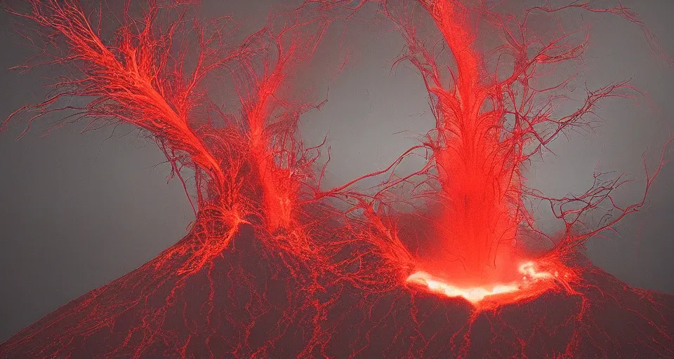 Image similar to a volcano made of ivory vines and crimson rocks enters in eruption, it spits a smoke in the shape of demonic eye, by David Eichenberg