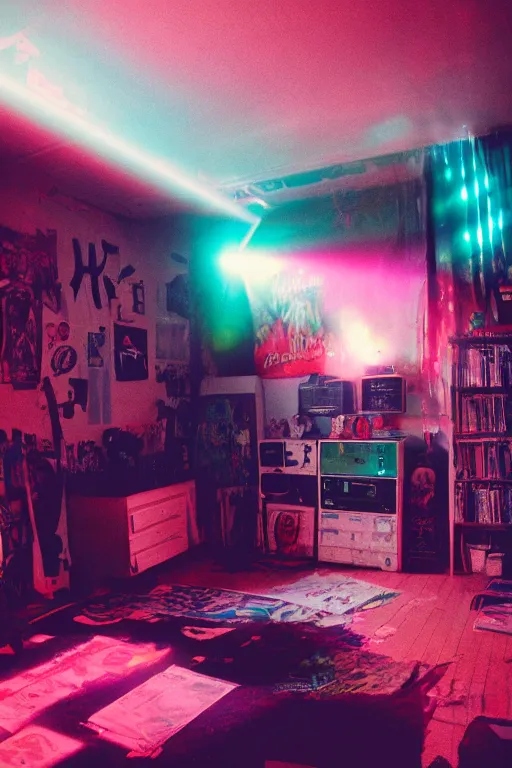 Image similar to agfa vista 4 0 0 photograph of a cluttered 9 0 s teenagers goth punk rock bedroom, synth vibe, vaporwave colors, lens flare, moody lighting, moody vibe, telephoto, 9 0 s vibe, blurry background, grain, tranquil, calm, faded!,