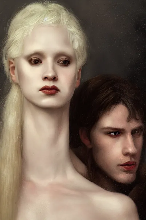 Image similar to a portrait of handsome young male albino Satan and his elegant beautiful albino wife, bored, illustration, dramatic lighting, soft details, painting oil on canvas, art nouveau, octane render, HDR, 4k, 8k, HD, by Edmund Blair Leighton, Brom, Charlie Bowater, trending on artstation, faces by Tom Bagshaw, Sargent