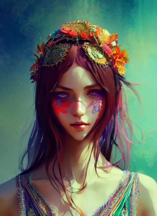 Image similar to a beautiful bohemian girl, intricate, highly detailed, digital painting, Pixiv, Artstation, official media, anime key visual, concept art, rich vivid colors, ambient lighting, sharp focus, illustration, art by WLOP