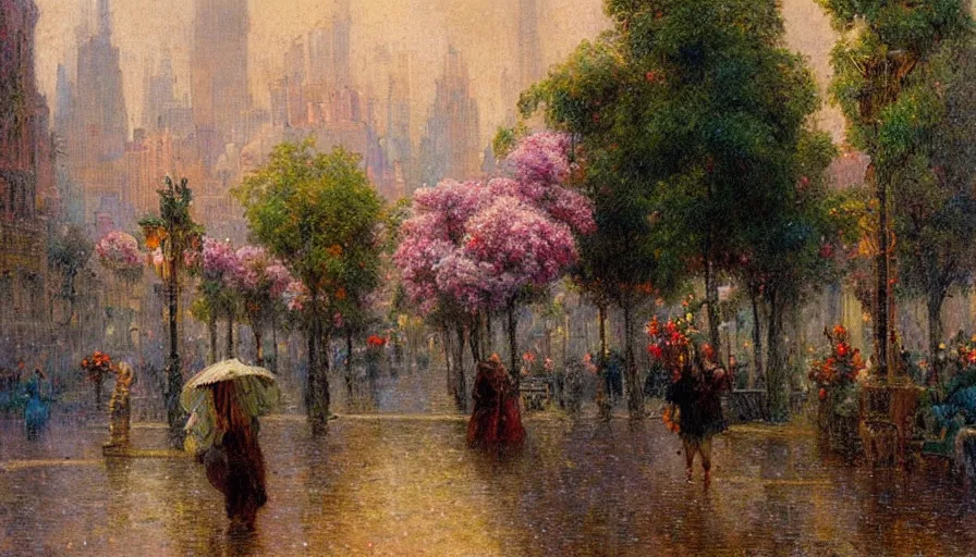 Prompt: city full of flowers, plant and trees, during heavy rain, in the style of Gaston Bussière, Art Nouveau