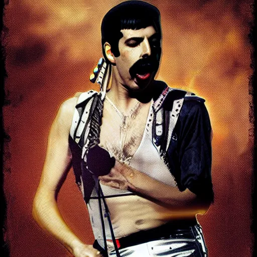 Prompt: Freddie mercury is singing in a post apocalyptic world, digital art