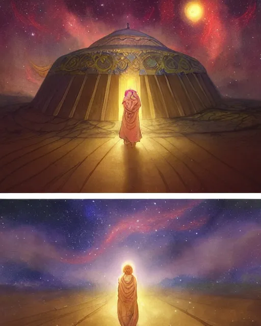 Image similar to bedouin child praying in galaxy walking towards mosque surrounded by nebula, highly detailed, gold filigree, romantic storybook fantasy, soft cinematic lighting, award, disney concept art watercolor illustration by mandy jurgens and alphonse mucha and alena aenami, pastel color palette, featured on artstation