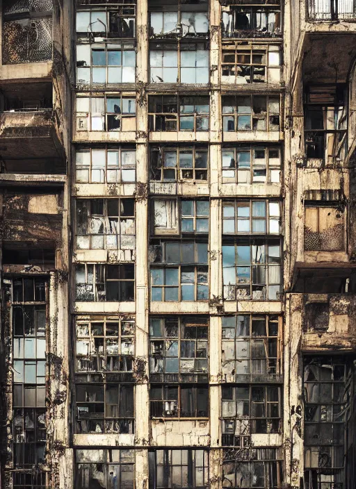 Image similar to “derelict luxury architecture single building , the windows are broken, building designed by architect Bob The Builder, architecture digest, building surrounded in a luxury environment, bright tones, fluorescent lighting,volumetric Lighting, photorealism, high detail, golden ratio, cinematic, octane renderer”