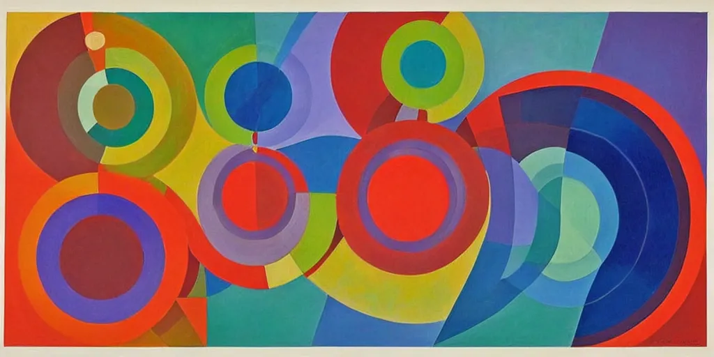 Prompt: an abstract painting by robert delaunay of vibrant circles and colorful spirals interacting in complex designs in the fibonacci ratio with smooth color transitions