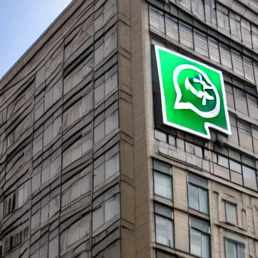 Prompt: A high resolution photo of a building with a whatsapp logo graffity on it, the photo was taken from far away, the photo was taken from the ground looking up at the building.