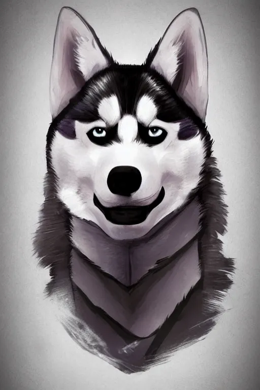 Image similar to a character design of a husky hero, portrait painting, anime, humanoid, anthropomorphic, personify, furry