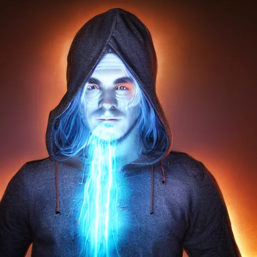 Image similar to a male wizard, glowing, frontal view, cool looking, high resolution