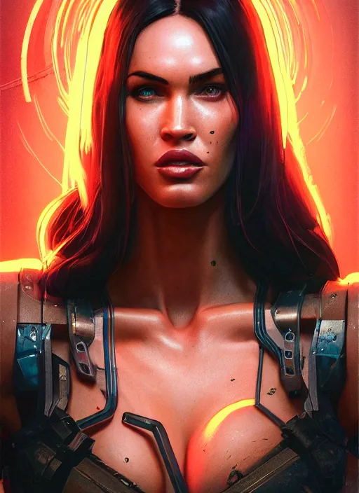 Image similar to highly detailed portrait of megan fox in cyberpunk 2 0 7 7, stephen bliss, unreal engine, greg rutkowski, loish, rhads, beeple, makoto shinkai and lois van baarle, ilya kuvshinov, rossdraws, tom bagshaw, alphonse mucha, global illumination, god rays, detailed and intricate environment