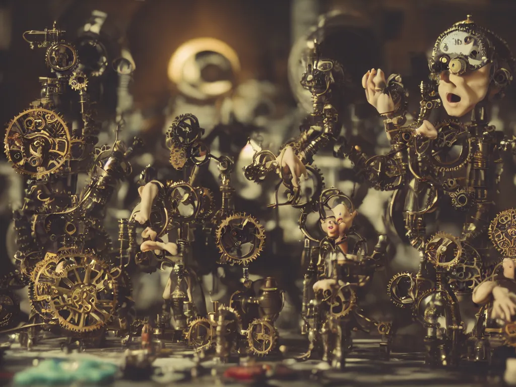 Prompt: a cinematic film still of a claymation stop motion film, a gay mage and his artist boyfriend in a handmade clockwork steampunk gears and glass universe, making robotic kittens, shallow depth of field, 8 0 mm, f 1. 8