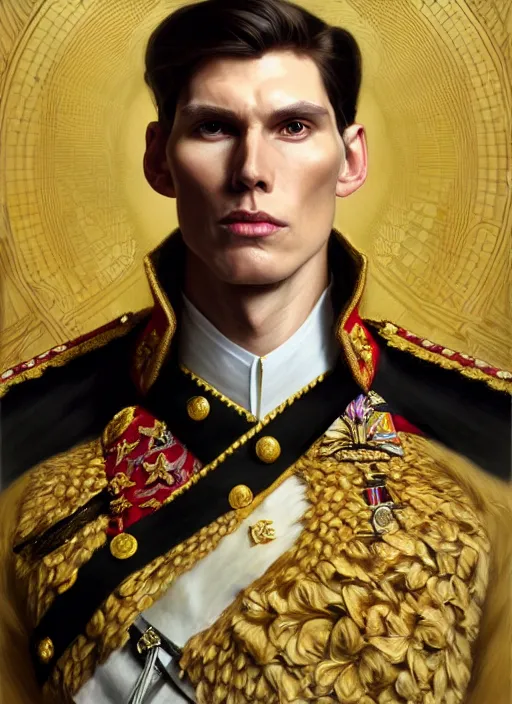 Image similar to portrait of supreme leader jerma, royalty, extravagant, lord, full body, military uniform, fantasy, intricate, elegant, beautiful, highly detailed, charcoal, centered, dark, smokey, digital painting, artstation, concept art, art by artgerm and greg rutkowski and alphonse mucha