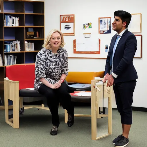 Image similar to high quality photo of liz truss and rishi sunak catapulting sloppy mud at each other in an office