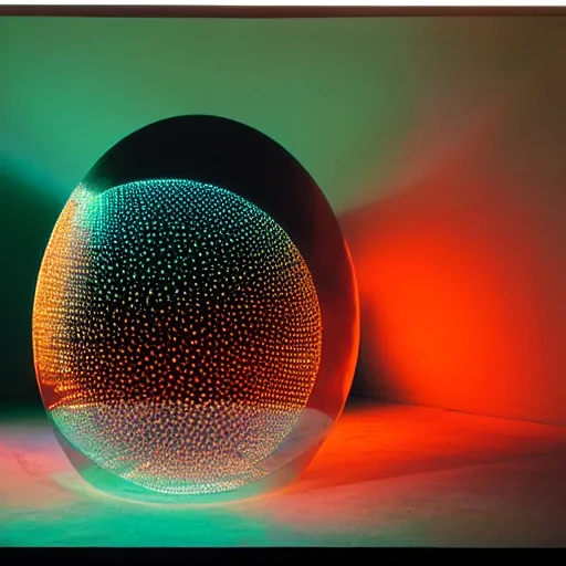 Image similar to annie liebowitz portrait of a plasma energy tron dinosaur egg in the shape of a dodecahedron made up of glowing electric plates and patterns. cinestill