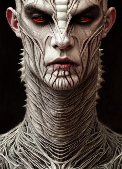 Image similar to half demon half human man intricate skin pattern texture, elegant, peaceful, full body, white horns, hyper realistic, extremely detailed, dnd character art portrait, dark fantasy art, intricate fantasy painting, dramatic lighting, vivid colors, deviant art, artstation, by edgar maxence and caravaggio and michael whelan and delacroix.