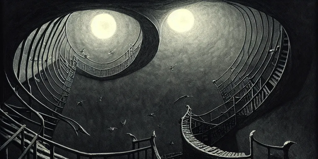 Image similar to big spiral stairways on old ship, inhabited on many levels, flying birds, by beksinski, shining light, strong perspective, clear geometry, architecture, Award winning. Masterpiece, detailed illustration