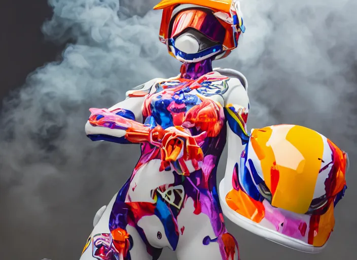 Image similar to extremely beautiful photo of a white marble statue of an anime girl with colorful motocross logos and motorcycle helmet with closed visor, colorful smoke in the background, carved marble statue, fine art, neon genesis evangelion, virgil abloh, offwhite, denoise, highly detailed, 8 k, hyperreal