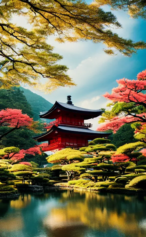 Image similar to japanese inspired poster, beautiful japanese architecture and nature, japanese beautiful aesthetic, photorealistic, lake, light rays theough the trees, 8 k image