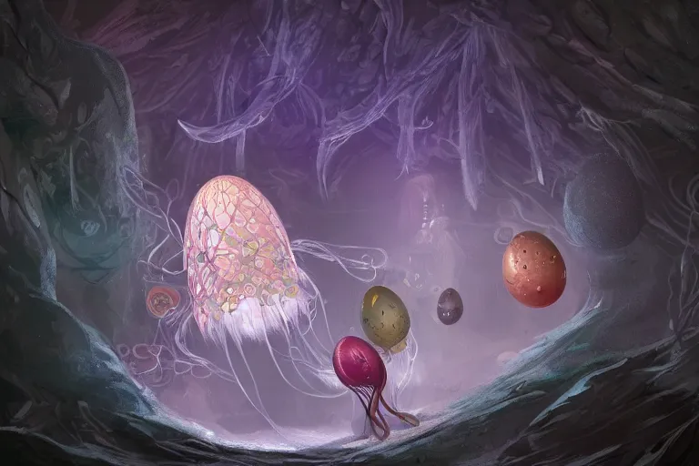 Image similar to a mystical egg with elaborate design inside a cave full of floating jellyfish, wlop, concept art, digital painting, trending on artstation, highly detailed, epic composition, 8 k uhd