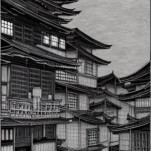 Image similar to a beautiful ink painting of buildings in japanese traditional style, in the style of hiroshi yoshida, at night, light effect, detailed, high - definition, exquisite isolated very detailed, moody lighting, 8 k highly detailed, trending on artstation