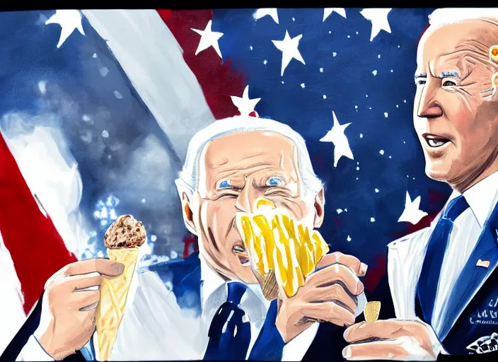 Prompt: cinematic close up of joe biden eating an ice cream with the whitehouse on fire behind him artwork by greg rutowski, 4 k, masterpiece