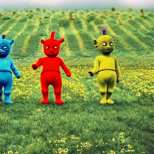 Image similar to a field of sinister teletubbies, film still, moody lighting, cinematic shot, vaporwave, dark and creepy, teletubbies in a field of flowers, the sun is a baby smiling sinisterly, 4 k, 8 k, masterpiece photo, award winning photography