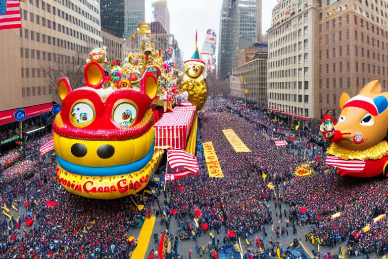 Prompt: photo of giant beautiful elaborate parade float designed by richard scarry, in the macys parade, detailed 4 k photo,