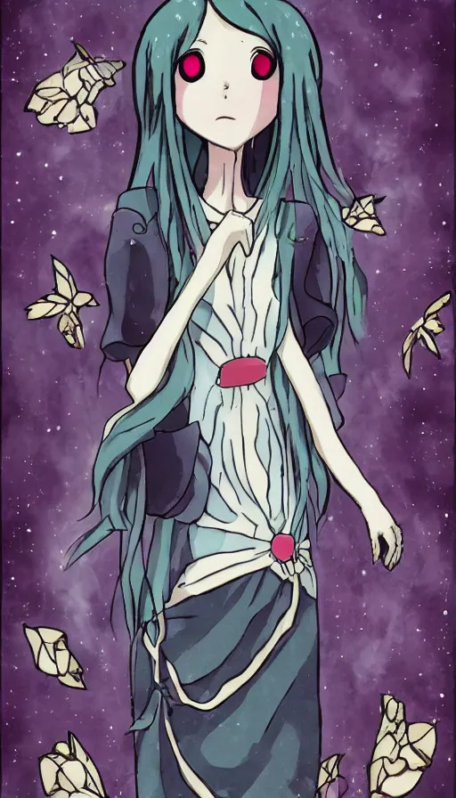 Image similar to the being death as a cute anime girl from a studio ghibli film inspired by the death tarot card