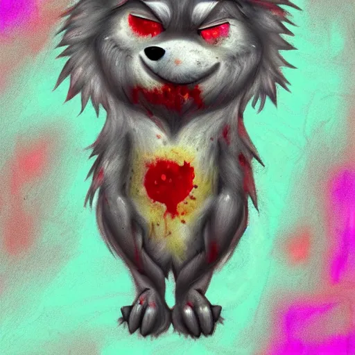 Image similar to cute fluffy werewolf covered in blood, pastel, digital art