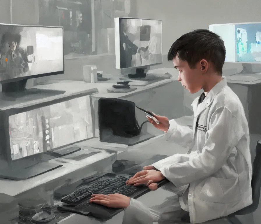 Image similar to a portrait of single smart child in a white coat in front of a computer and screens in a painting from stalenhag, 4 k, 8 k, hdr, artstation