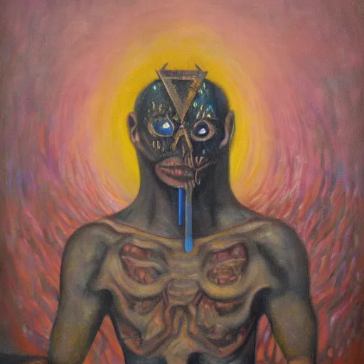 Image similar to portre of an autistic demon on acid, masonic and kabalistic symbols in background, oil painting