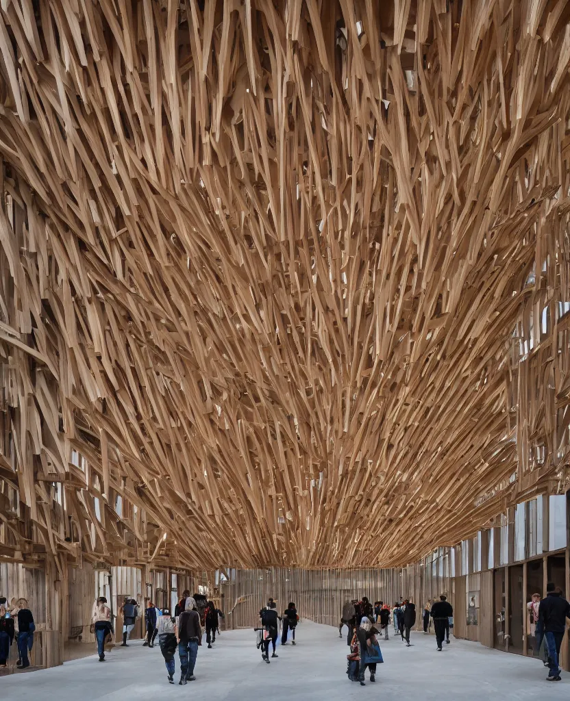 Image similar to a complex building, large wood joinery, dowels and pegs, people walking, architectural photography