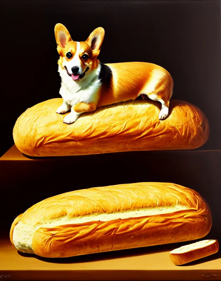 Image similar to a royal portrait of a corgi as a loaf of bread, oil on canvas, highly detailed, cinematic lighting, pretty