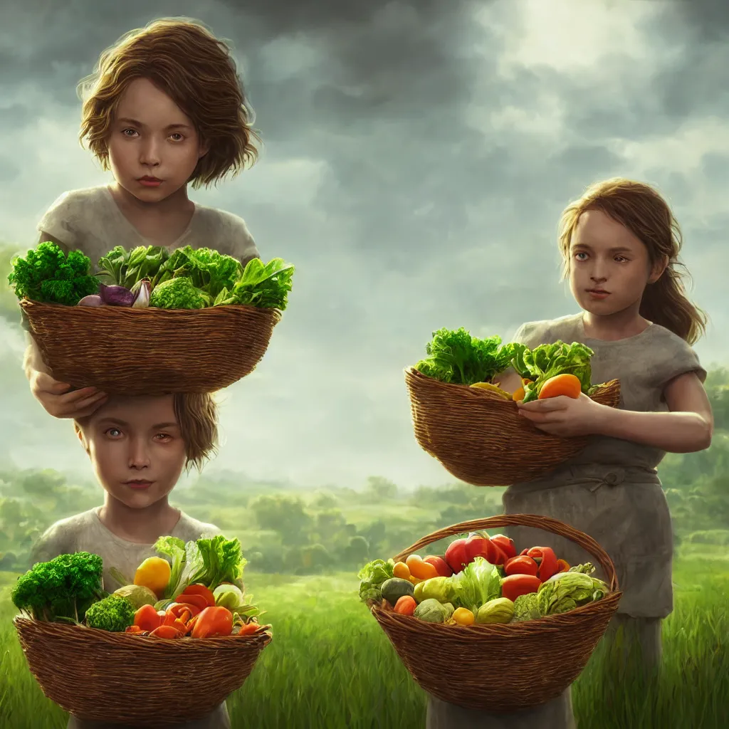 Image similar to portrait of single beautiful child holding a basket of vegetables, green farm lands behind, elegant, highly detailed, digital painting, concept art, smooth, sharp focus, illustration, divine realm of gods, realistic cinematic style, filmed in 70mm, volumetric lighting, octane render, photographic, concept art, artist Dr Zeus, unreal engine 8k