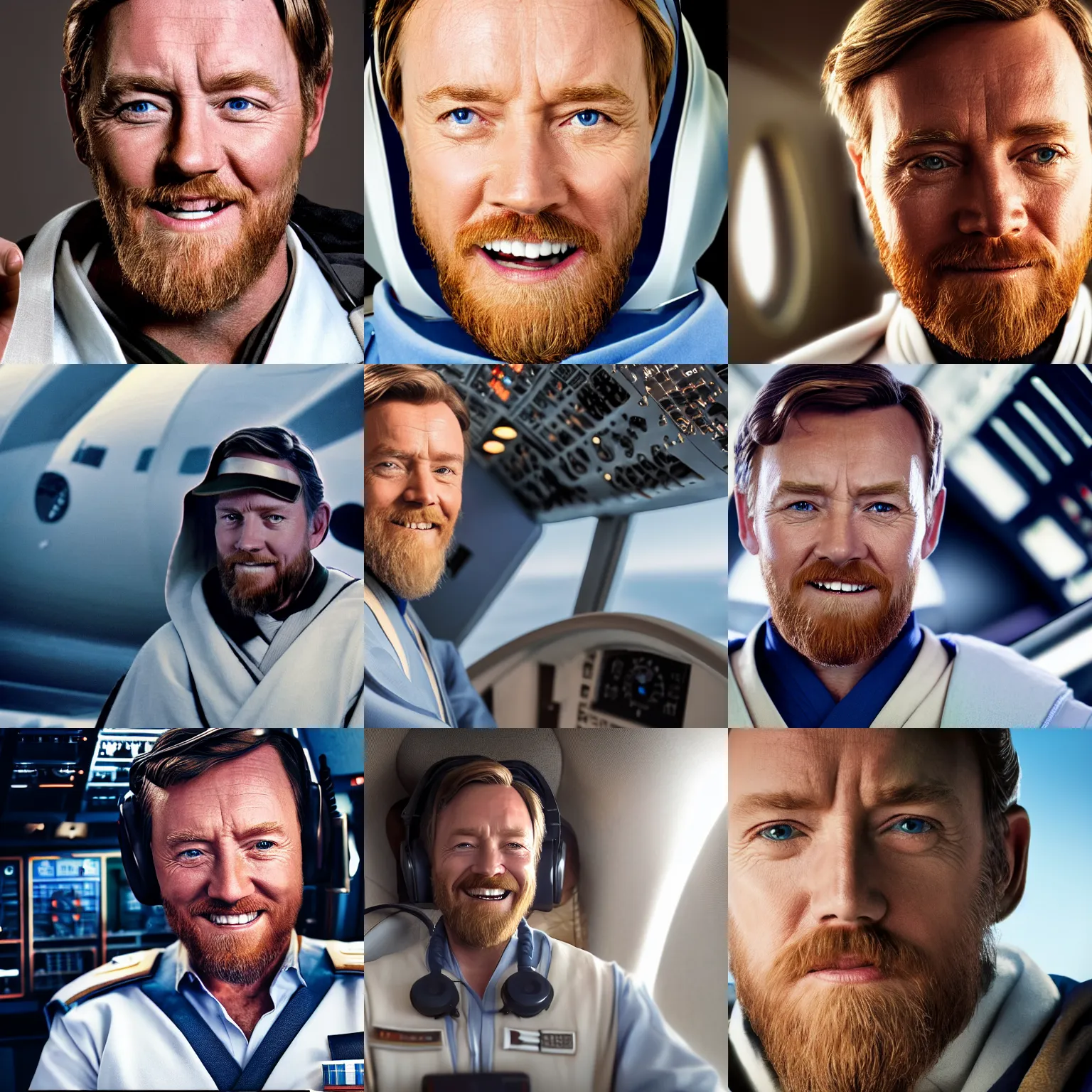 Prompt: obi wan kenobi as a commercial airplane pilot, smiling, almost laughing in joy, wearing pilots uniform, 8 k hdr, closeup portrait