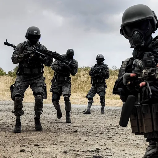 Image similar to Special Forces in grey uniform with black body armor under artillery fire in 2022, photo by Adam Ferguson, Pulitzer Winning, cinematic composition, breathtaking, modern, 2022