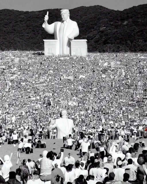 Image similar to a gigantic 1000 foot tall white marble statue of president Donald trump giving his thumbs up sign, dwarfs thousands of onlookers on a beach, as a fleet of Silver Flying saucers watch from above, cinematic