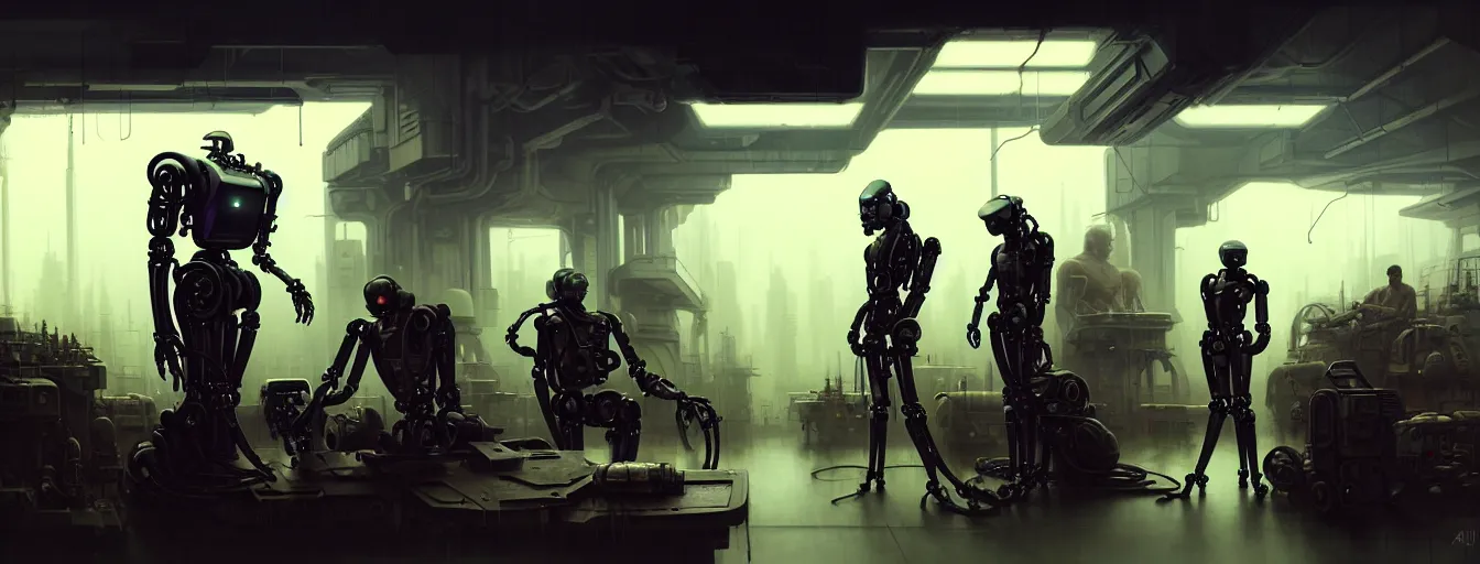 Prompt: robot repair workshop, blade runner artifacts, vitaly bulgarov style, cyberpunk tech, ultrarealistic, futuristic, three point lighting, dramatic lighting, electrical details, high details, 4 k, 8 k, best, accurate, trending on artstation, photorealism, digital painting, style of peter mohrbacher, caravaggio, boris vallejo, hajime sorayama