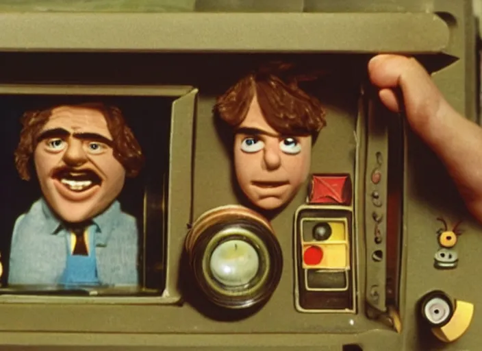 Image similar to a scene from a 1 9 7 0 s british kids tv programme by the bbc and oliver postgate, stop motion animation, peter dinklage, vhs distortion, cathode ray tube distortion, folk horror, hauntology