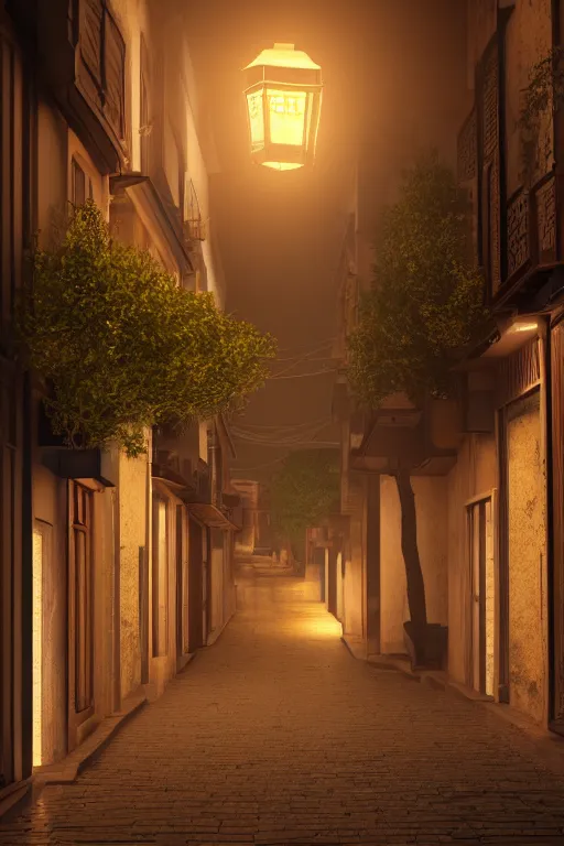 Prompt: a quiet street in istanbul at night lit by a single lantern designed by jony ive, raytracing, 8 k, octane render, volumetric, vivid, beautiful, hyperrealism